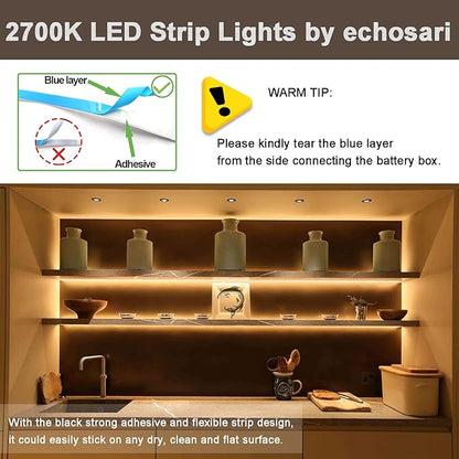 echosari Battery Powered Led Strip Lights with Remote Warm White, 8 Modes, Dimmable, Timer, Self-Adhesive, Cuttable, Waterproof, 9.8FT 90Led Strip Lights for TV Kitchen Cupboard Bedroom Decor