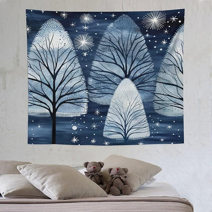 Tapastry's Wall Hanging Trendy Blue Silver Glitter Tree Christmas Tapestry Vintage Christmas Tapestry Vintage Aesthetic Tapestries Wall Hanging for Bedroom 50"x60" Christmas Family Party