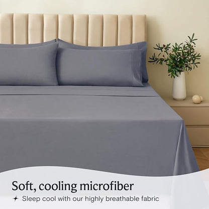 LuxClub 5 PC Split King Sheet Set Bed Sheets Deep Pockets Wrinkle Free Cooling Sheets Machine Washable Hotel Bedding Silky Soft - Light Grey Split King