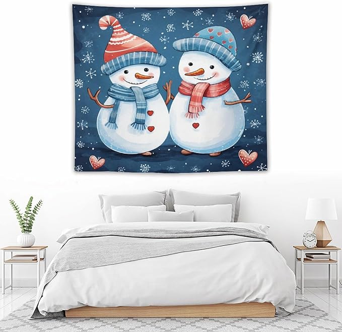 MaSiledy Snowman Couple Tapestries Christmas Winter Snowman Wall Hanging Wall Tapestry Aesthetic Landscape Tapestry Wall Hanging For Room 50"x60" Holiday Scene Banner for Winter Christmas Party