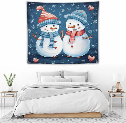 MaSiledy Snowman Couple Tapestries Christmas Winter Snowman Wall Hanging Wall Tapestry Aesthetic Landscape Tapestry Wall Hanging For Room 50"x60" Holiday Scene Banner for Winter Christmas Party