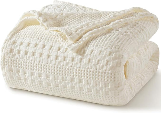 PHF 100% Cotton Waffle Weave Blanket Twin Size for Bed, Soft Lightweight & Breathable, All-Season Comfort, Luxury Aesthetic Woven Bedding for Home Decor, 66"x90", Ivory