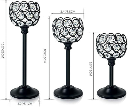Crystal Metal Tealight Candlestick, Bling Bowl Candelabras, Tall Crystal Votive Candle Holders Elegant Crystal Candle Centerpiece for Dining Table Wedding Decor (Set of 3, Balck)