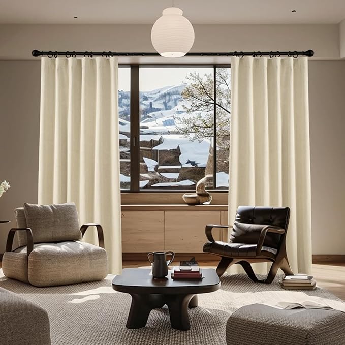 KangBang Natural Beige 72 Inch Wide Blackout Linen Curtains, Sliding Door Curtains Light Blocking Room Darkening Rustic Classy Drapes for Living Room(Back Tab/Rod Pocket/Hook Belt, 2 Panels, 72Wx84L)