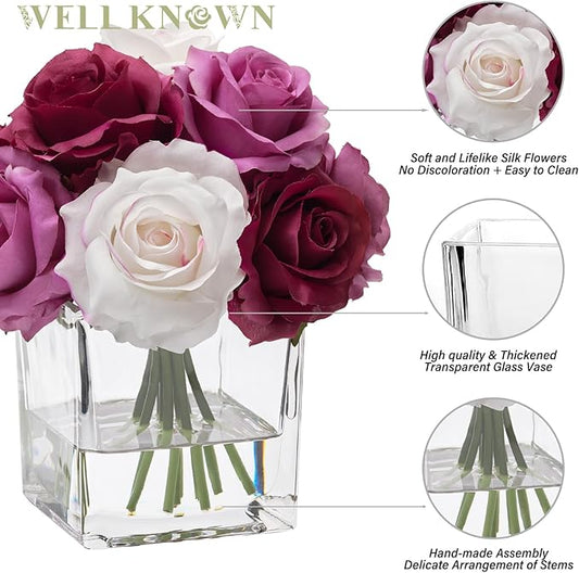 WELL KNOWN Rose Artificial Flowers in Vase with Faux Water, Silk Rose Table Centerpieces for Home Coffee Table Decor, Fake Roses Flower Arrangements for Office Hotel Lavatory Decor (Purple & White)