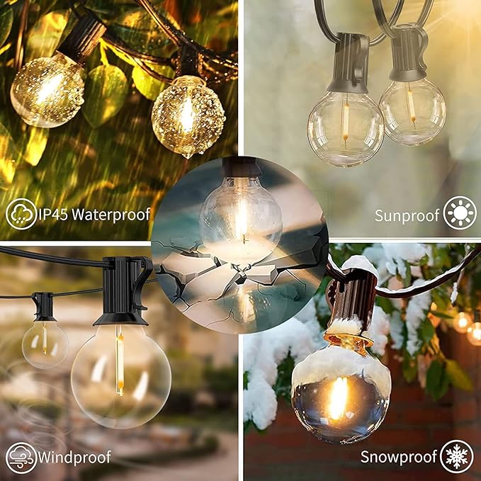 Svater Outdoor String Lights 50 FT, Patio LED Lights Outside with 26pcs Bulbs, Waterproof Shatterproof Hanging Globe Light Connectable for Bistro Cafe Backyard Balcony Warm White