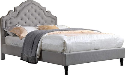 HomeLife Premiere Classics 51" Tall Platform Bed with Cloth Headboard and Slats - Queen (Light Grey Silver)