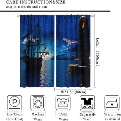 Pirate Ship Curtains, Nautical Sailboat Sailing Ocean Adventure Full Moon Cloudy Night Sky Old Lighthouse Print Blackout Window Treatments for Bedroom Living Room 63x63in