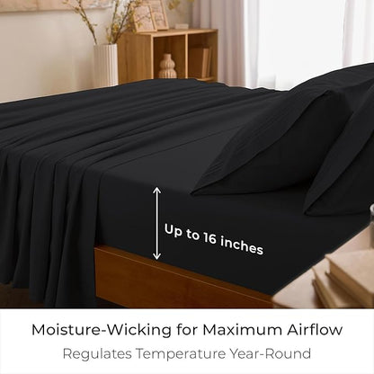 Mellanni Queen Sheets Set - 4 PC Iconic Collection Bedding - Hotel Luxury, Extra Soft, Cooling Bed Sheets - Wrinkle, Fade, Stain Resistant (Queen, Black)