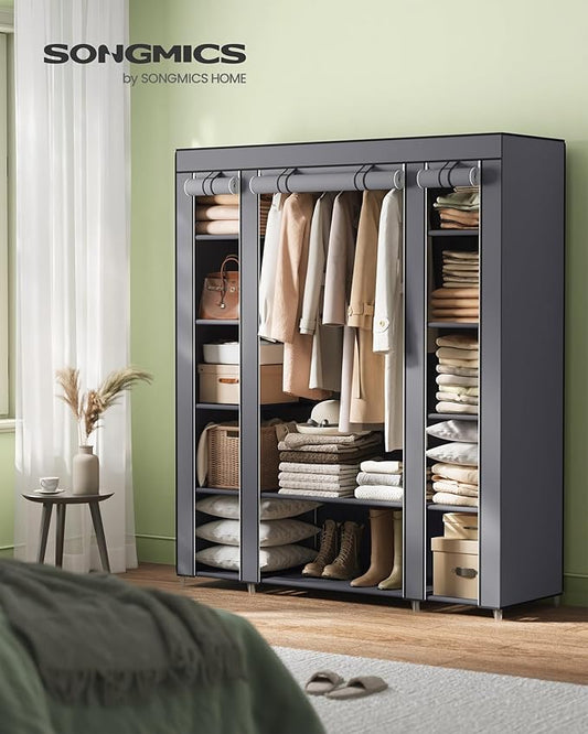 SONGMICS Closet Wardrobe, Portable Closet for Bedroom, Clothes Rail with Non-Woven Fabric Cover, Clothes Storage Organizer, 59 x 17.7 x 69 Inches, 12 Compartments, Gray ULSF03G