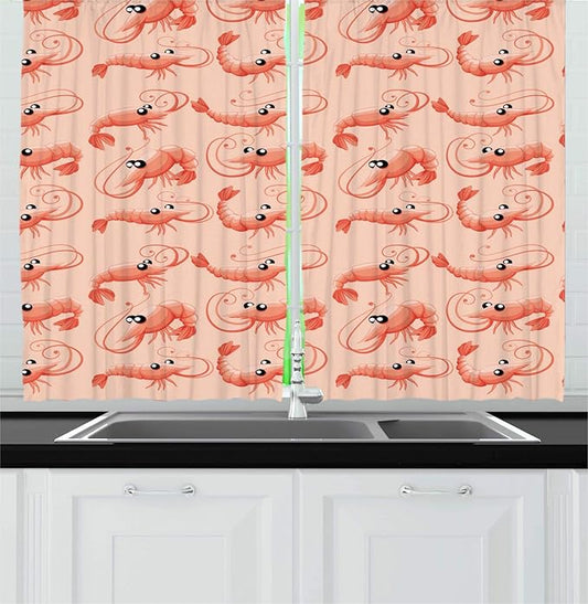 Lunarable Shrimp Kitchen Curtains, Monochrome Style Design Repetitive Shrimps Marine Nautical Pattern, Window Drapes 2 Panel Set for Kitchen Cafe Decor, 55" X 39", Pale Peach Burnt Sienna