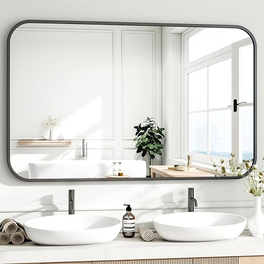 HARRITPURE Rectangular Bathroom Mirror 48''x30'' Black Bathroom Wall Mirror Aluminum Frame Wall-Mounted Mirrors for Entryway Bedroom Living Room