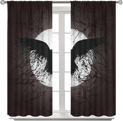 Cool Raven Print Curtains - Vintage Nordic Viking Theme Dead Tree Crow Full Moon Thermal Insulated Blackout Curtains - Rod Pocket Window Treatment Drapes for Bedroom 2 Panels 63L x 31.5W