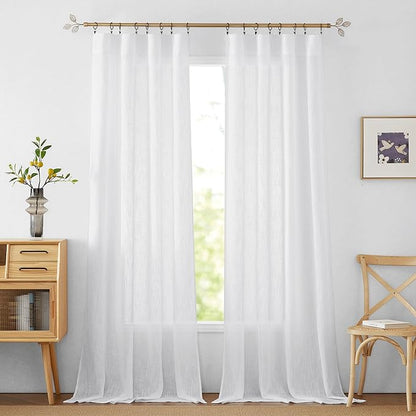 RYB HOME White Curtains 84 inches Long Linen Textured Semi Sheer Curtains Privacy Light Glare Filtering Window Drapes for Living Room Dining Bedroom, White, W 34 x L 84 inches, 2 Panels