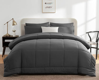 CozyLux Full Size Comforter Sets Dark Grey, 7 Pieces Bed in a Bag, Dark Grey Comforter Full Size, All Season Bedding Sets with Stitch Quilted Comforter, Flat Sheet, Fitted Sheet, Pillowcases