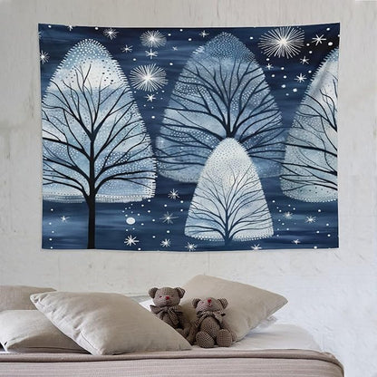 Tapestry Trendy Blue Silver Glitter Tree Christmas Tapestries for Bedroom Aesthetic Christmas Tapestry As Wall Art Wall Hanging for Living Room Dorm Landscape 60"x80" Christmas Family Party