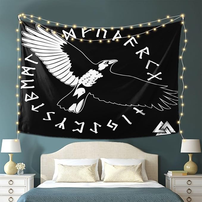 Gizmac Viking Black Crow Scandinavian Runes Room Tapestry Bedroom Living Room Decor Tapestry(80x60 Inches)