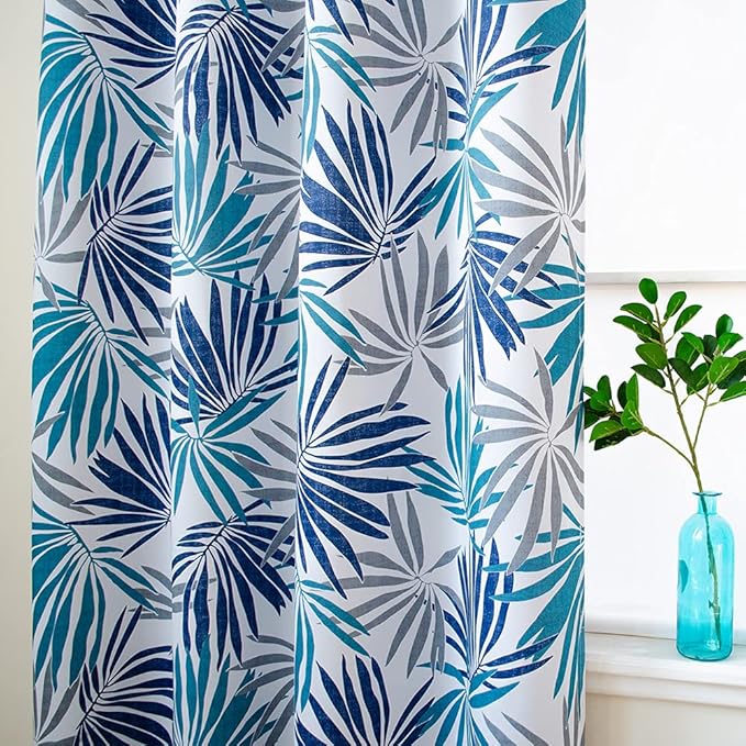 Linentalks Blue Leaf Curtains for Bedroom, Blue Gray Patterned Blackout Curtains 63 Inch Length 2 Panels Set, Light Blocking Room Darkening Curtains Grommet Thermal Insulating Navy Black Out Drapes