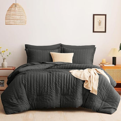 CozyLux Oversized Queen Comforter Set Dark Grey Seersucker 7 Pieces 98x98 Bed in a Bag Comforter Set with Sheets, Luxury Soft Bedding Sets with Down Alternative Comforter, Sheets, Pillowcases & Shams