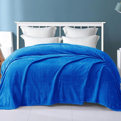Exclusivo Mezcla Fleece Queen Size Blanket for Bed, 90x90 Inches Soft Cozy Jacquard Flannel Blankets, Lightweight Fuzzy Plush Warm for Winter, Cobalt Blue