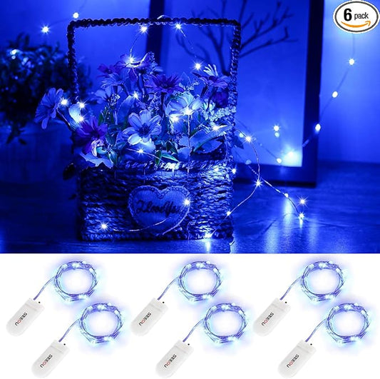 YKB 6 Pack Blue Fairy String Lights Battery Operated Fairy Lights Starry String Lights on 3.3ft/1m Silvery Copper Wire DIY Christmas Decoration Costume Wedding Party Halloween Easter