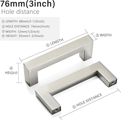 Cabinet Pulls Brushed Nickel Cabinet Handles Square Drawer Pulls, 20 Pack 3 Inch Stainless Steel Kitchen Door Cupboard Cabinet Handles, Cabinet Hardware Drawer Handles, 76mm Hole Centers