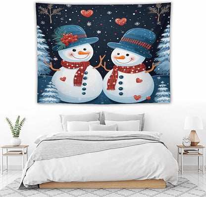 Tapestry Wall Hanging Snowman Couple Tapestry Cute Snowman with Hat And Scarf Tapestry Vintage Aesthetic Tapestries Wall Hanging for Living Room Dorm 60"x80" Tapestries Winter Snowflake Decorative