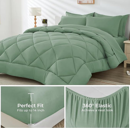 HEVUMYI Light Green Twin Comforter Set - 5-Piece All Season Bed in a Bag Twin, Ultra Soft Bedding Set with Comforter, Flat Sheet, Fitted Sheet, Pillowcases, Pillow Shams