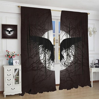 Cool Raven Print Curtains,Vintage Nordic Viking Theme Dead Tree Crow Full Moon Window Drapes Thermal Insulated Rod Pocket Blackout Drapes for Bedroom 2 Panels 63L x 36W