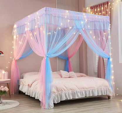 Mengersi Rainbow Canopy Bed Curtains with Lights -Bed Canopy for Girls - Bed Drapes Netting- Bedroom Decoration Accessories,California King