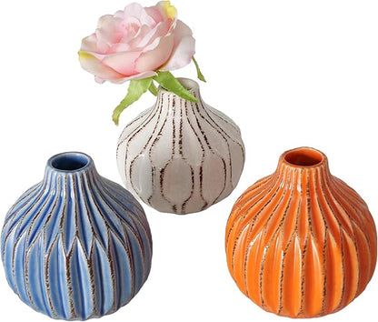 Iconic Scandi Baby Vases, Set of 3, Ribbed, Turquoise Blue, Ivory and Orange, Crackle Suffused, 4.25 Diameter x 4.25 Inches Tall, Modern Home Design, Centerpieces
