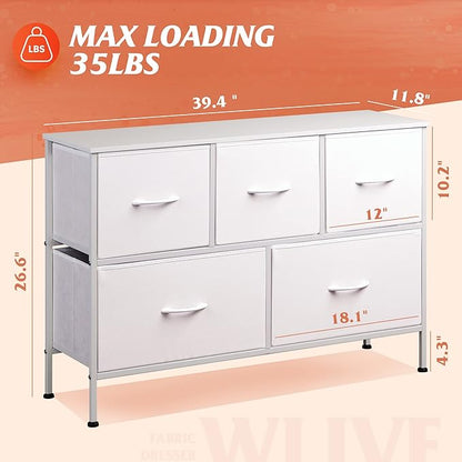 WLIVE White Dresser for Bedroom with 5 Drawers, Chest of Drawers, Fabric Small Dresser with Drawer Organizers, Storage Organizer Unit for Hallway, Entryway, Closets