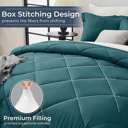 HEVUMYI Twin Comforter Set - 5-Piece All Season Bed in a Bag Twin, Ultra Soft Bedding Set with Comforter, Flat Sheet, Fitted Sheet, Pillowcases, Pillow Shams, Peacock Blue & Ivory