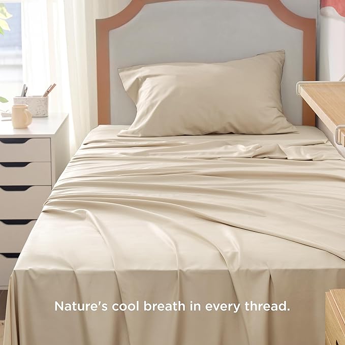 Bedsure Cooling Sheets Twin XL, Rayon Derived from Bamboo, Breathable & Soft Twin XL Sheet Sets, Deep Pocket Up to 16 Inches, Hotel Luxury Silky Dorm Bedding for Hot Sleepers, Beige