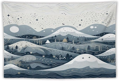 Snow Mountain Scandinavian Winter Wall Tapestry Hello Winter Holiday Tapestries for Bedroom Landscape Tapestry Wall Hanging for Dorm Living Room 60"x90" Tapestries Winter Snowflake Decorative