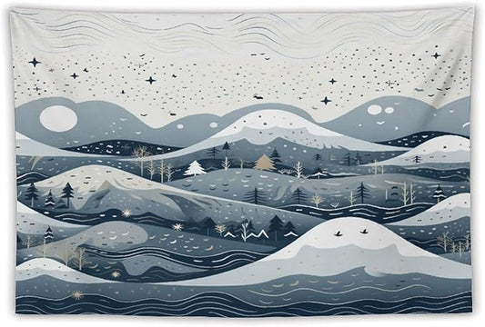 Snow Mountain Scandinavian Winter Wall Tapestry Hello Winter Holiday Tapestries for Bedroom Landscape Tapestry Wall Hanging for Dorm Living Room 60"x90" Tapestries Winter Snowflake Decorative