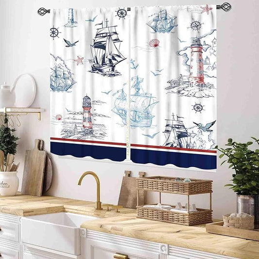 Nautical Curtains, Vintage Marine Coastal Sailboat Compass Anchor Ocean Beach Lighthouse Watercolor Blue Decorative Drapes for Bedroom Living Room Kitchen Bathroom Window 2 Panels, 55x39 Inch