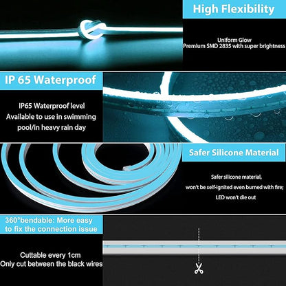 Lamomo LED Neon Lights, 16.4ft Ice Blue LED Strip Light, 12V 0.39In/Cut Silicone Waterproof Neon Rope Light for Bedroom Indoor Outdoor Decoration（Power Adapter not Included）
