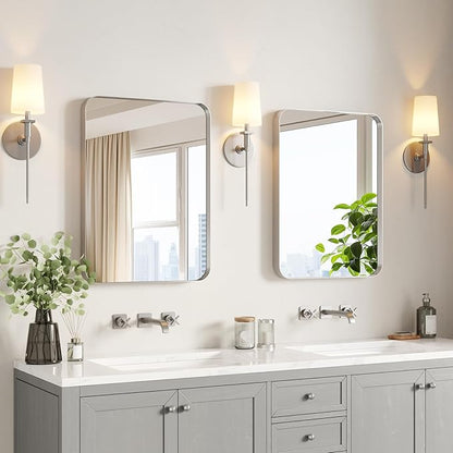 USHOWER Brushed Nickel Bathroom Mirrors 22"x30" 2 Pack, Silver Rectangle Mirrors for Over Sink, Rounded Corner, Aluminum Frame, Anti-Rust, Tempered Glass, Horizontal or Vertical Mounted