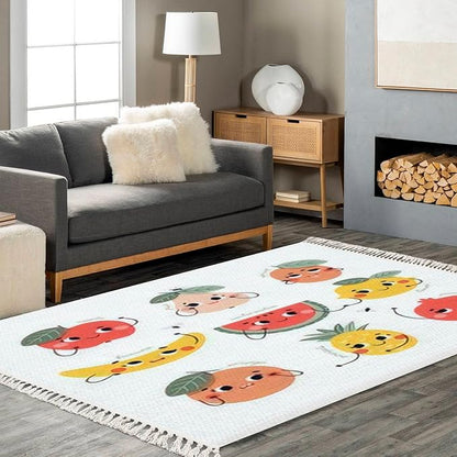 Boho Nursery Rug Cute Funny Fruits Characters Pear Banana Scandinavian Chic Area Rug Washable Rug Meditation Mat Minimalist Home Decor for Living Room Bedroom Playroom Classroom