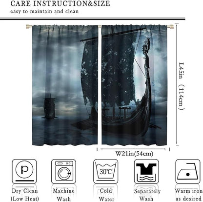 Viking Ship Curtains, Night Scene with Black Vikings Dragon Ship Sailing, Vintage Ancient Scandinavian Nautical Print Blackout Window Drapes for Boys Bedroom Living Room 42x45 Inch
