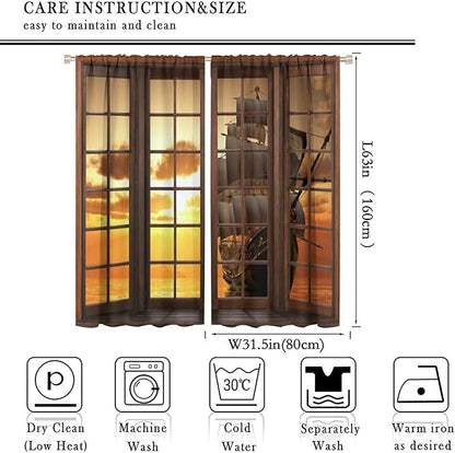 Retro Ship Curtains, Window View Sailing Boat Ship Schooner, Nautical Style Ocean Sunset Landscape Print Blackout Window Drapes for Boys Bedroom Living Room 63x63in