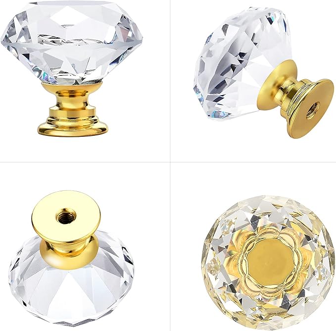 Ravinte 10 Pack Crystal Drawer Knobs - Glass Cabinet Knobs, Diamond Shaped, 30 mm with Gold Base