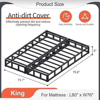 Split King Box Spring 5 Inch, Low Profile Heavy Duty Metal Box Spring King Size with Fabric Cover, Noise-Free, Quick Assembly