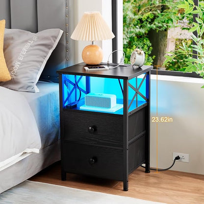 AMHANCIBLE Night Stand Set 2, LED Nightstand with Charging Station, End Tables Living Room with Fabric Drawers, Bedside Table for Bedroom, Black, HET052LBK