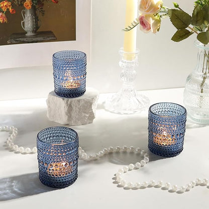12 Pack Blue Votive Candles Holders - 2x2.5in Vintage Glass Votives Tealight Candle Holders for Table Centerpieces, Tea Light Candle Holder Decor for Wedding Bridal Shower Party