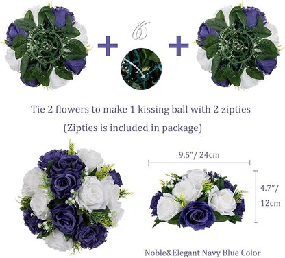 BLOSMON Flower Balls Table Centerpieces: 6 Pcs Fake Flowers Navy Blue White Wedding Kissing Rose Balls Decor - Artificial Floral Arrangements Flower Bouquet of Roses Home Party Table DIY Decorations