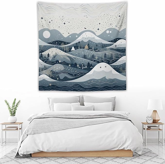 Snow Mountain Scandinavian Winter Tapestries Rustic Country Holiday Tapestries for Bedroom Aesthetic Landscape Tapestry Wall Art for Living Room Dorm 60"x60" Tapestries Winter Snowflake Decorative