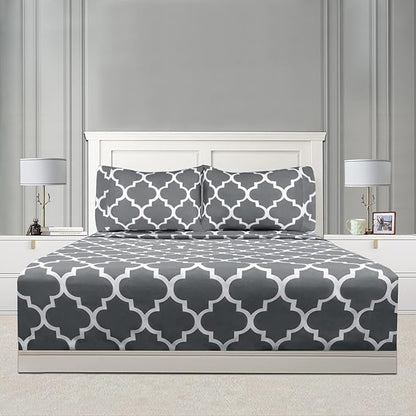 Mejoroom Full Bed Sheet Set - Super Soft Brushed Microfiber 1800 Thread Count Sheets with 16 inch Deep Pocket - Wrinkle Free - 4 Piece(Full, Gray Quatrefoil with White Pattern)