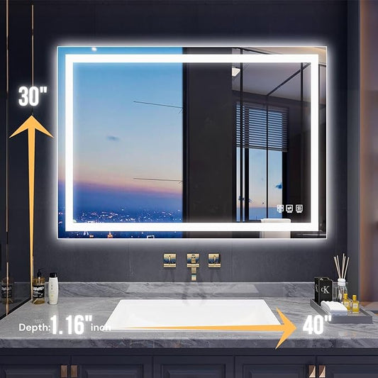 LED Bathroom Mirror 40"x 30",Front Lit and Backlit Bathroom Mirror with Lights,Stepless Dimmable,Anti-Fog, Shatter-Proof, Memory, 3 Colors Lighted Vanity Mirror (Horizontal/Vertical)